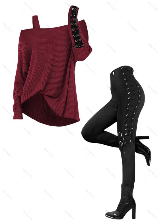 Women Outfit Skew Neck Textured Solid Color Top and Grommet Lace Up Pants Set - Rouge foncé S | US 4