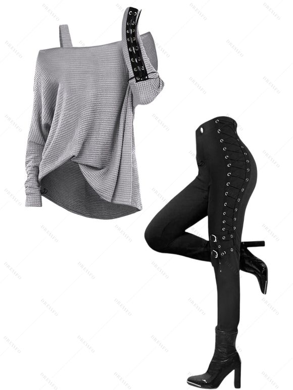 Women Outfit Skew Neck Textured Solid Color Top and Grommet Lace Up Leggings Set - Gris Clair S | US 4
