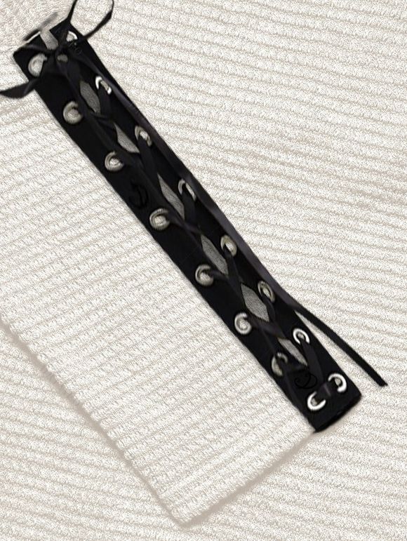 Women Outfit Skew Neck Textured Solid Color Top and Grommet Lace Up Leggings Set - Blanc S | US 4