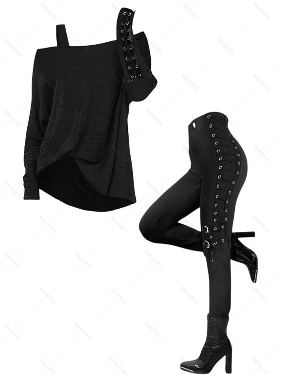 Women Outfit Skew Neck Textured Solid Color Top and Grommet Lace Up Pants Set - Noir S | US 4