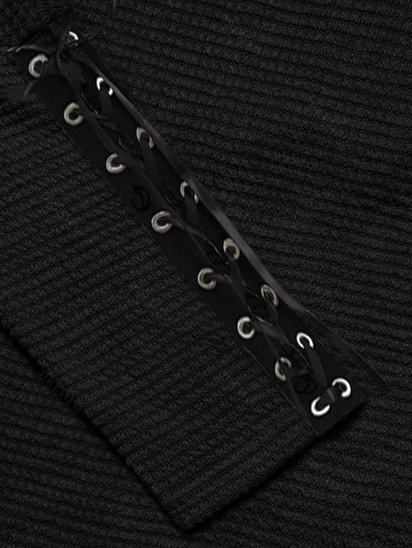 Women Outfit Skew Neck Textured Solid Color Top and Grommet Lace Up Leggings Set - Noir S | US 4