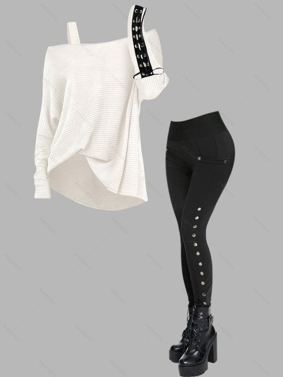 Women Gothic Outfit Textured Skew Neck Long Sleeve Top and Grommet Pants Set - Blanc S | US 4
