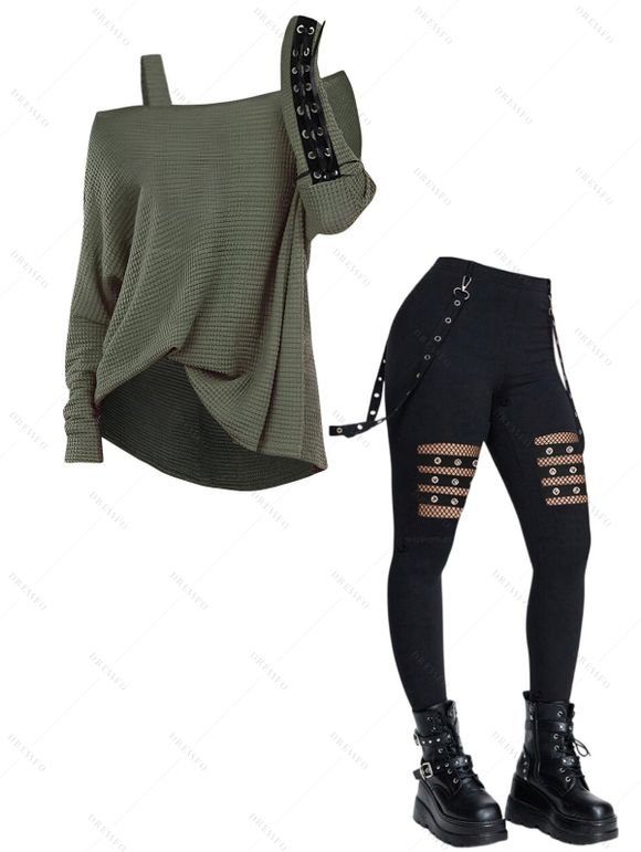Women Gothic Outfit Textured Skew Neck Top and Grommet Hollow Out Pants Set - Vert S | US 4