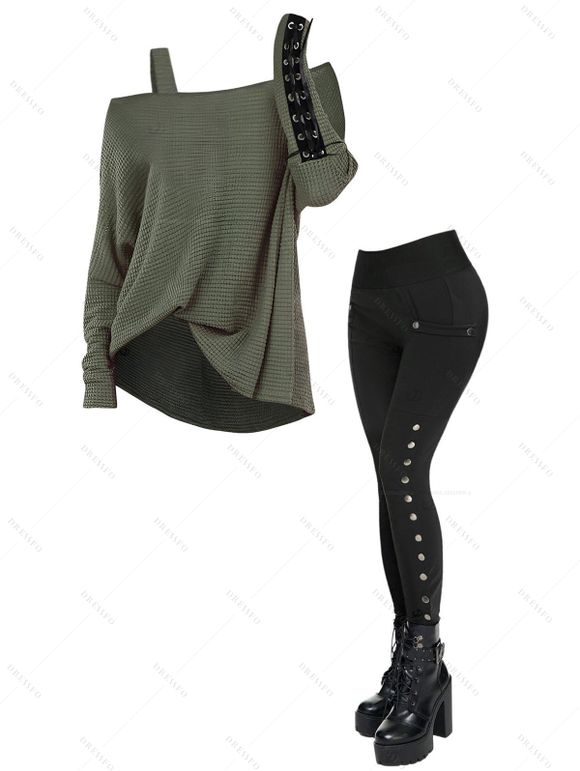 Women Gothic Outfit Textured Skew Neck Long Sleeve Top and Grommet Pants Set - Vert S | US 4