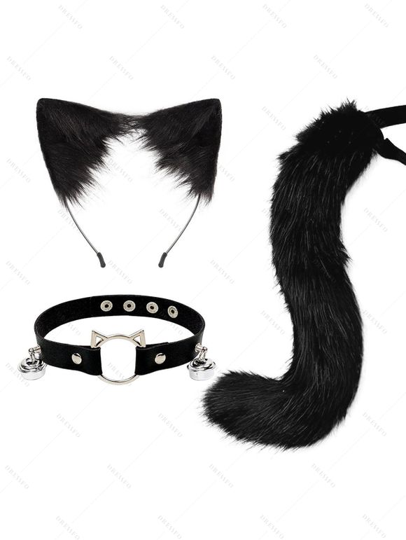Ensemble de cosplay 3 pièces avec queue en fourrure artificielle et serre-tête oreilles de chat avec clochette - Noir 