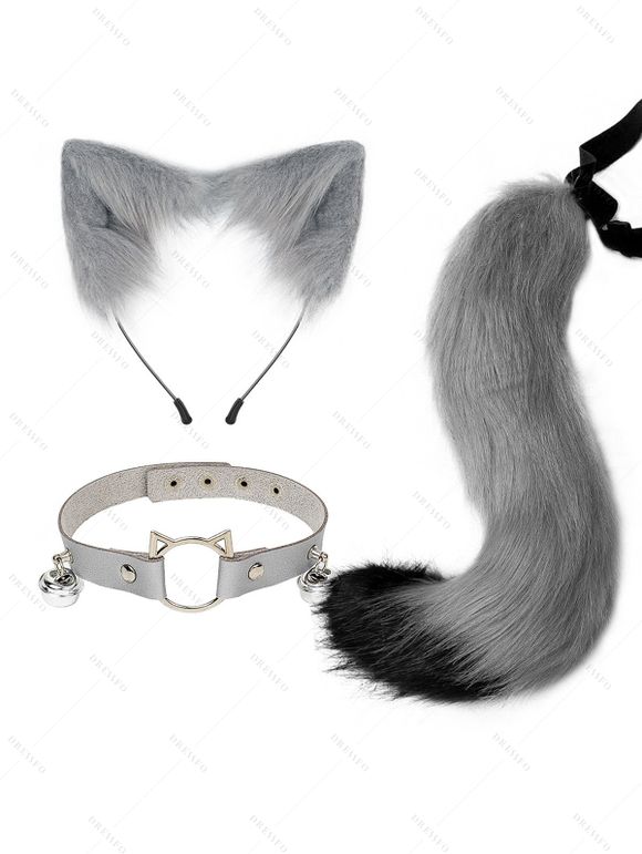 Ensemble de cosplay 3 pièces avec queue en fourrure artificielle et serre-tête oreilles de chat avec clochette - Gris 