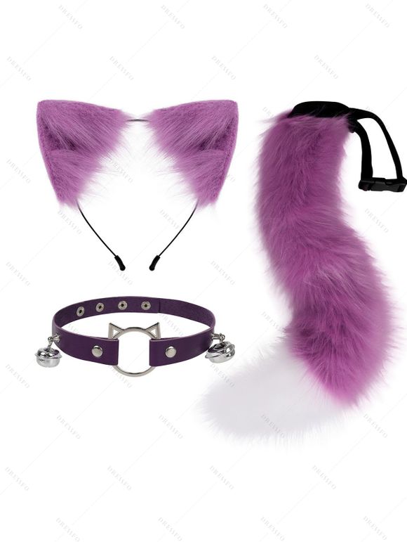 Ensemble de cosplay 3 pièces avec queue en fourrure artificielle et serre-tête oreilles de chat avec clochette - Pourpre 