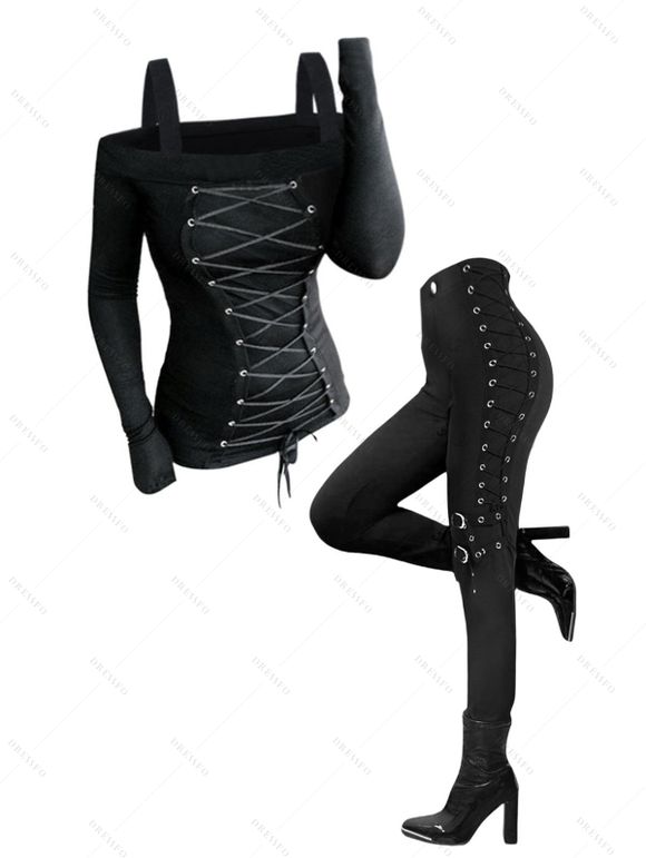 Women Gothic Outfit Cold Shoulder Lace-up T-shirt and Grommet Pants Set - Noir S | US 4