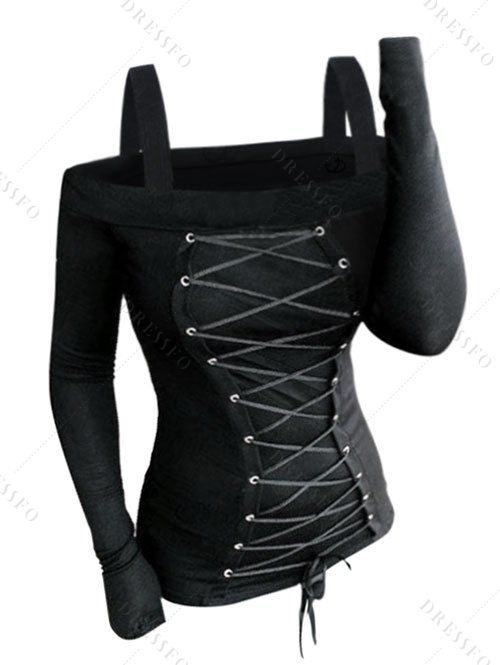 Women Gothic Outfit Cold Shoulder Lace-up T-shirt and Grommet Leggings Set - Noir S | US 4