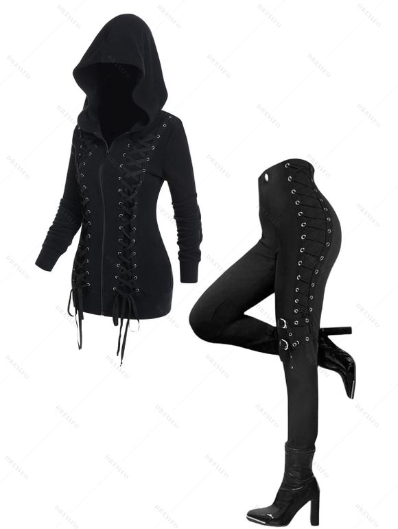 Gothic Women Outfit Lace Up Zip Up Hooded Jacket and Grommet Pants Set - Noir S | US 4