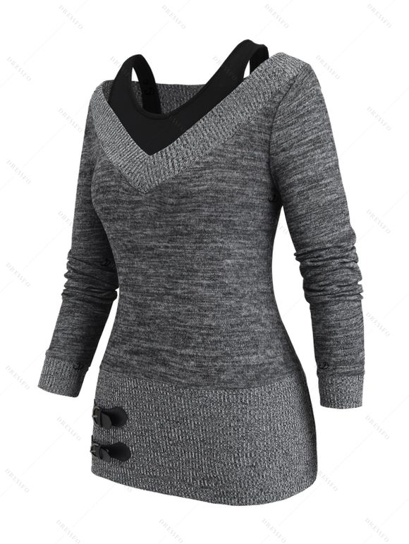 Haut 2 en 1 texturé à manches longues et col en V en similicuir chiné - Gris Foncé XXL | US 14