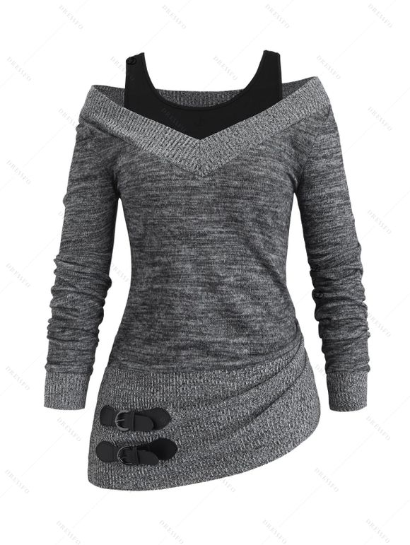 Haut 2 en 1 texturé à manches longues et col en V en similicuir chiné - Gris Foncé XL | US 12