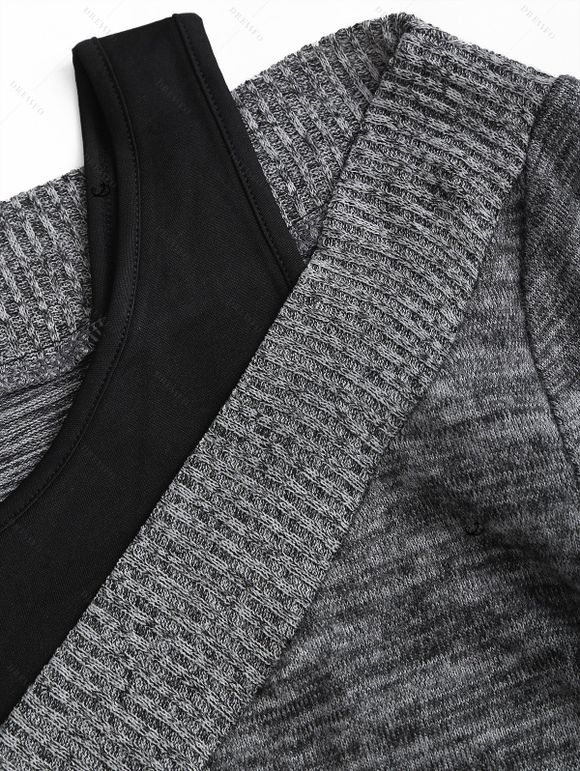 Haut 2 en 1 texturé à manches longues et col en V en similicuir chiné - Gris Foncé XL | US 12