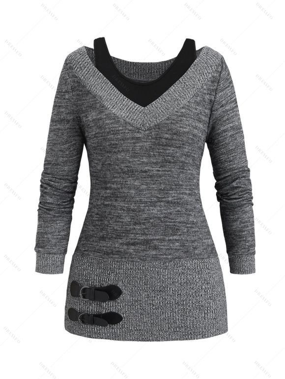 Women Daily Outfit Textured Space Dye Buckle Faux Twinset Top and Snap Button Leggings Set - Gris S | US 4