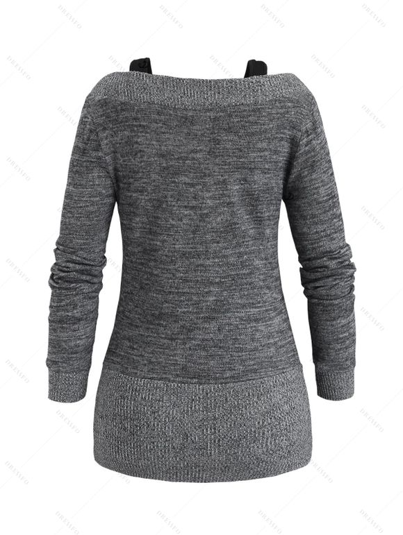 Women Daily Outfit Textured Space Dye Buckle Faux Twinset Top and Snap Button Leggings Set - Gris S | US 4