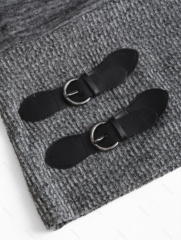 Women Daily Outfit Textured Space Dye Buckle Faux Twinset Top and Snap Button Leggings Set - Gris S | US 4