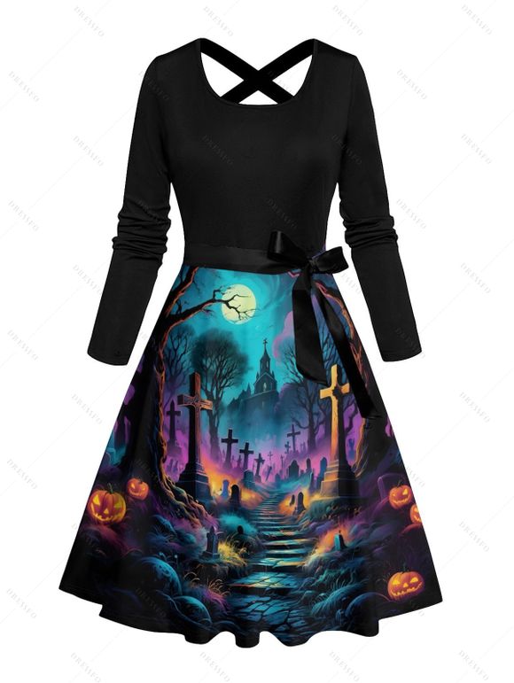 Robe d'Halloween mi-longue à imprimé lune et croix et ceinture croisée - multicolor XXL | US 14