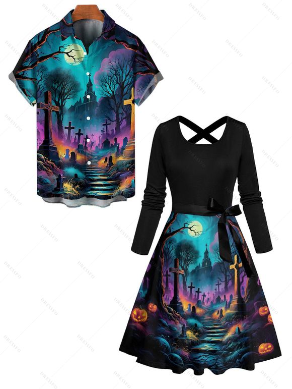Halloween Couple Outfit Cross Moon Print Crossover Belt Midi Dress and Shirt Set - multicolor S | US 4
