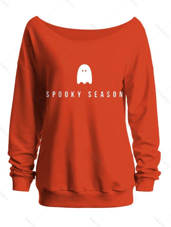Sweat-shirt mignon à col incliné avec imprimé fantôme d'Halloween - Orange S | US 4