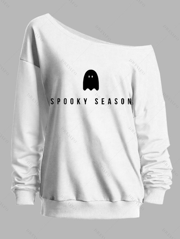 Sweat-shirt mignon à col incliné avec imprimé fantôme d'Halloween - Blanc S | US 4