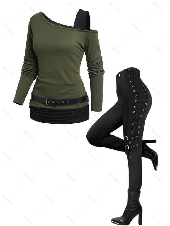 Women Outfit Contrast Color Asymmetric Shoulder Belt Top and Grommet Pants Set - Vert Armée S | US 4