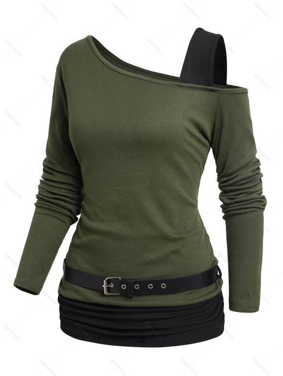 Women Outfit Contrast Color Asymmetric Shoulder Belt Top and Grommet Leggings Set - Vert Armée S | US 4