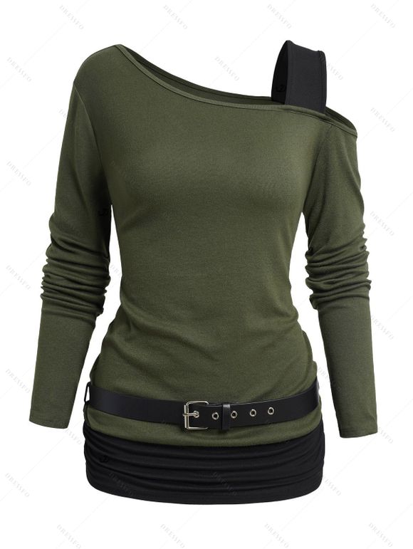 Women Outfit Contrast Color Asymmetric Shoulder Belt Top and Grommet Leggings Set - Vert Armée S | US 4