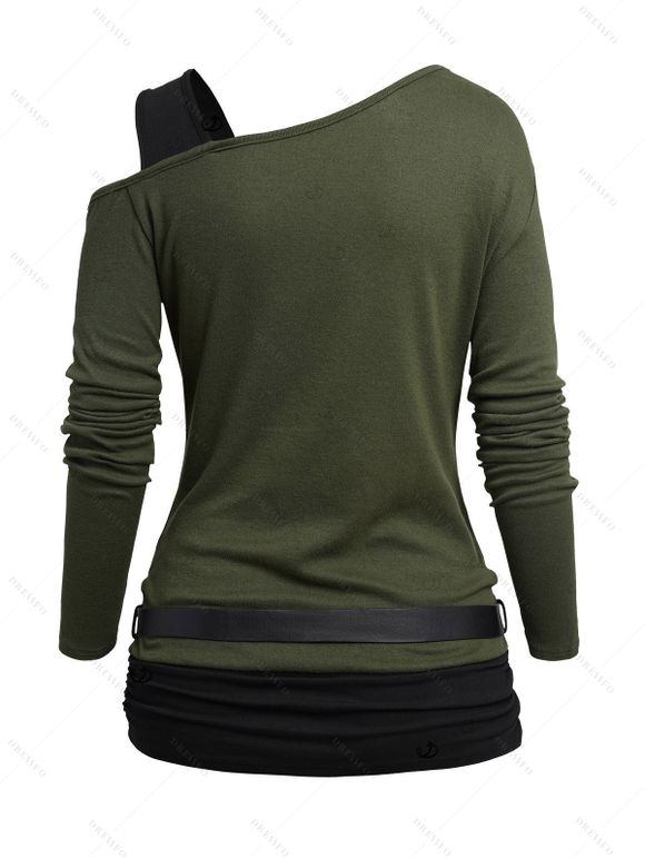 Women Outfit Contrast Color Asymmetric Shoulder Belt Top and Grommet Leggings Set - Vert Armée S | US 4