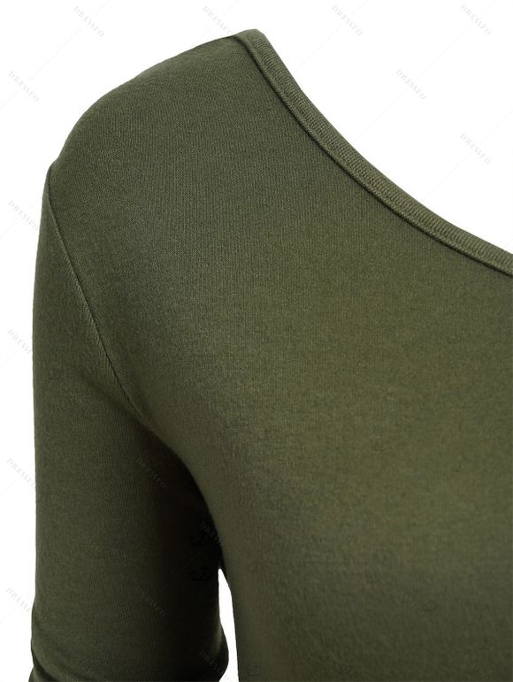 Women Outfit Contrast Color Asymmetric Shoulder Belt Top and Grommet Leggings Set - Vert Armée S | US 4