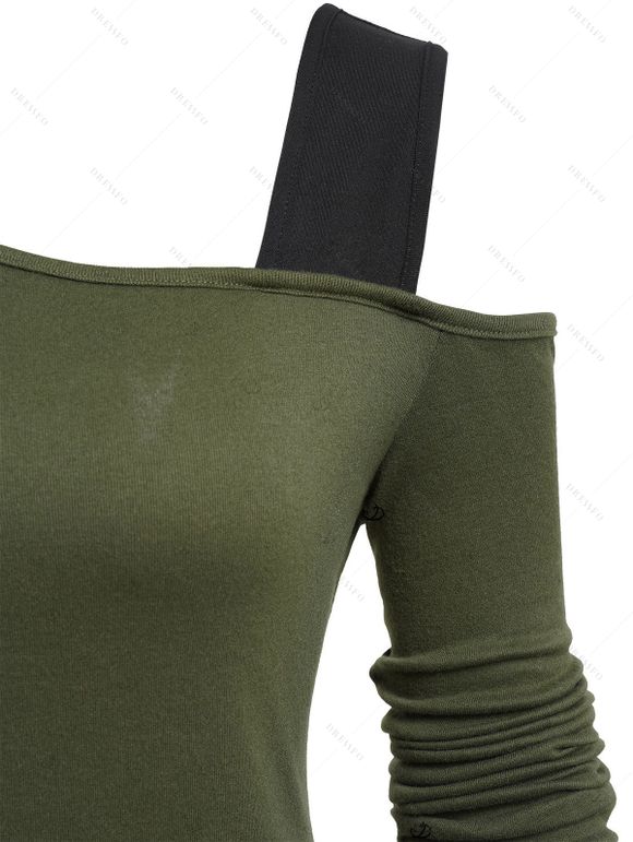 Women Outfit Contrast Color Asymmetric Shoulder Belt Top and Grommet Leggings Set - Vert Armée S | US 4