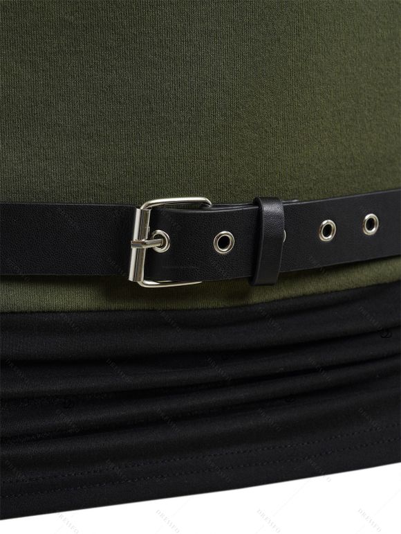 Women Outfit Contrast Color Asymmetric Shoulder Belt Top and Grommet Leggings Set - Vert Armée S | US 4