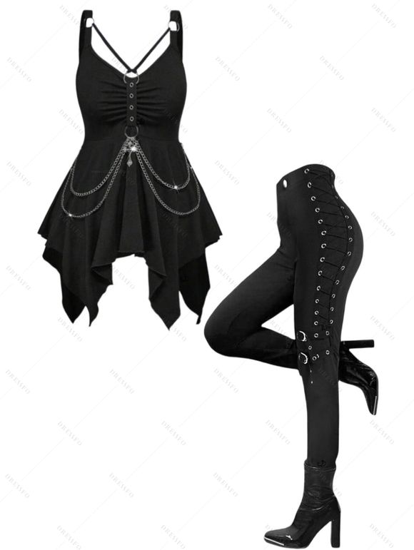 Women Gothic Outfit Ruched Chain Handkerchief Tank Top and Grommet Pants Set - Noir S | US 4