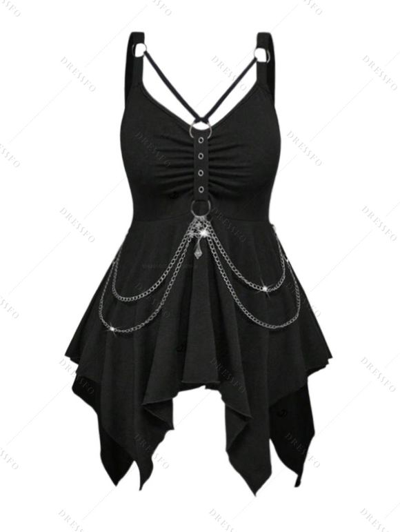 Women Gothic Outfit Ruched Chain Handkerchief Tank Top and Grommet Leggings Set - Noir S | US 4