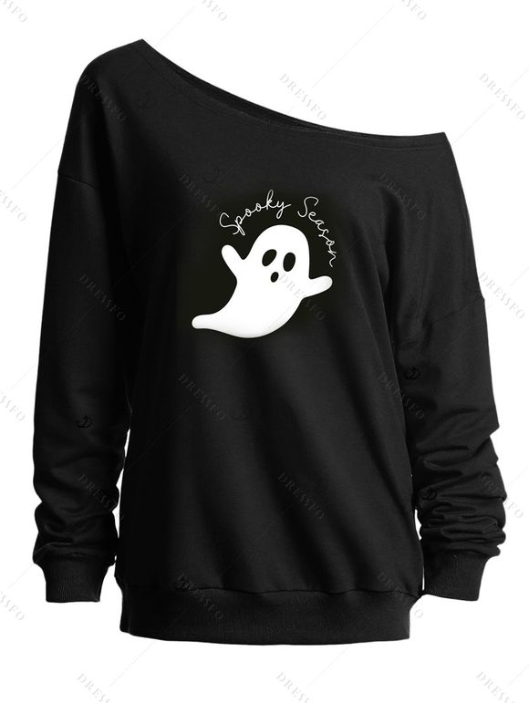 Sweat-shirt d'Halloween à col incliné et imprimé de lettres fantômes mignonnes - Noir XXL | US 14