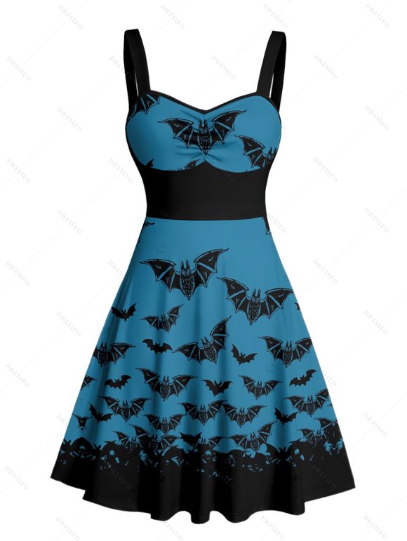Robe gothique pour Halloween, mini-robe froncée à imprimé chauve-souris colorblock - Bleu profond S | US 4