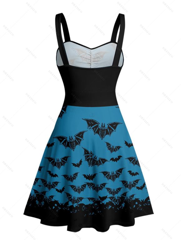 Robe gothique pour Halloween, mini-robe froncée à imprimé chauve-souris colorblock - Bleu profond XL | US 12