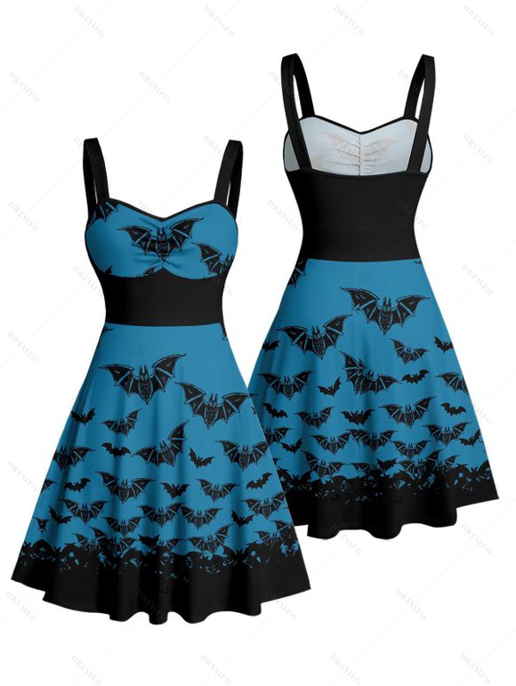 Robe gothique pour Halloween, mini-robe froncée à imprimé chauve-souris colorblock - Bleu profond XL | US 12