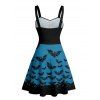 Robe gothique pour Halloween, mini-robe froncée à imprimé chauve-souris colorblock - Bleu profond XL | US 12
