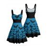 Robe gothique pour Halloween, mini-robe froncée à imprimé chauve-souris colorblock - Bleu profond XXXXL | US 18