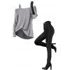 Women Outfit Skew Neck Textured Solid Color Top and Grommet Lace Up Leggings Set - Gris Clair S | US 4