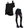 Women Gothic Outfit Textured Skew Neck Top and Grommet Hollow Out Pants Set - Noir S | US 4
