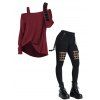 Women Gothic Outfit Textured Skew Neck Top and Grommet Hollow Out Pants Set - Rouge foncé S | US 4
