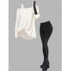 Women Gothic Outfit Textured Skew Neck Long Sleeve Top and Grommet Pants Set - Blanc S | US 4