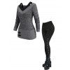 Women Daily Outfit Textured Space Dye Buckle Faux Twinset Top and Snap Button Pants Set - Gris S | US 4