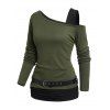 Women Outfit Contrast Color Asymmetric Shoulder Belt Top and Grommet Pants Set - Vert Armée S | US 4