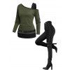 Women Outfit Contrast Color Asymmetric Shoulder Belt Top and Grommet Pants Set - Vert Armée S | US 4