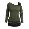 Women Outfit Contrast Color Asymmetric Shoulder Belt Top and Grommet Pants Set - Vert Armée S | US 4