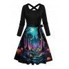 Halloween Couple Outfit Cross Moon Print Crossover Belt Midi Dress and Shirt Set - multicolor S | US 4