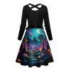 Halloween Couple Outfit Cross Moon Print Crossover Belt Midi Dress and Shirt Set - multicolor S | US 4