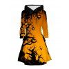 Robe à capuche gothique d'Halloween, mini-robe à lacets et cordons de serrage, imprimé citrouille et chauve-souris - Orange XXXXXL | US 20